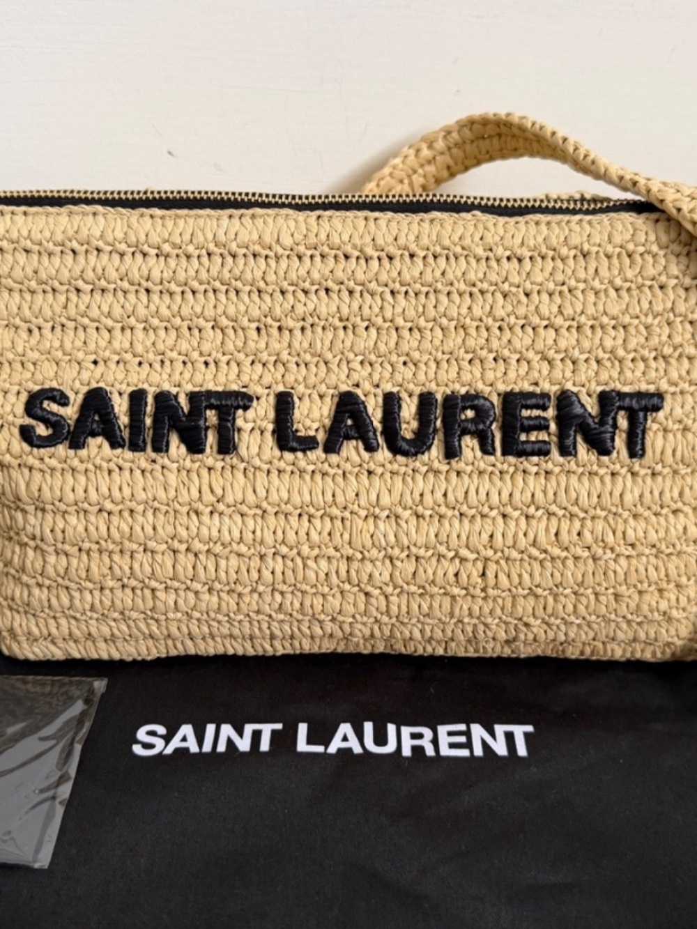 Saint Laurent YSL Le Rafia Beige Black Woven Embroidered Logo Zip Crossbody Bag - Picture 13 of 15